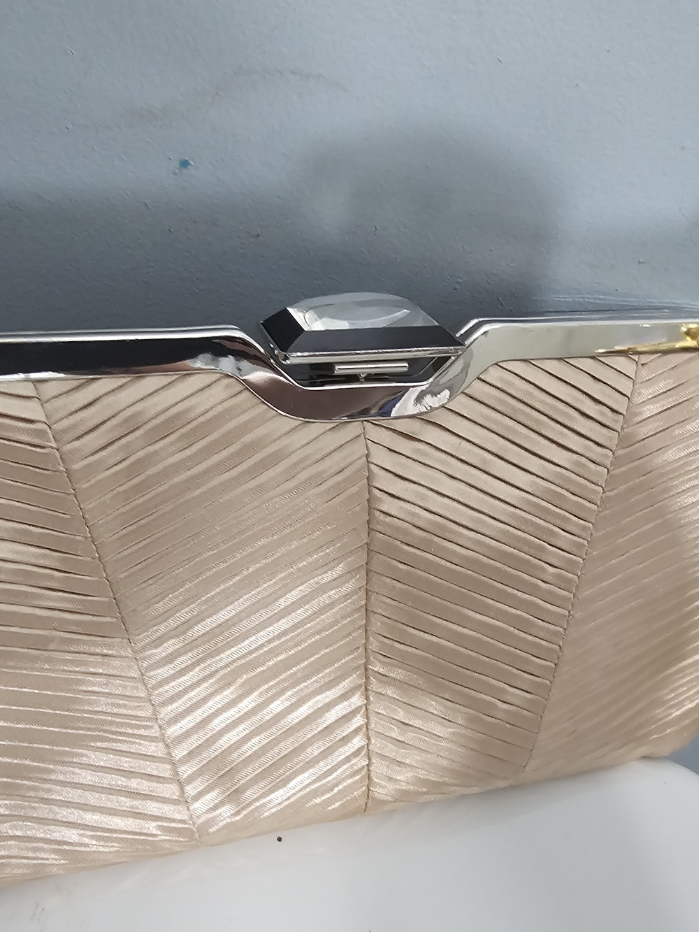 Kate Landry Cream Chevron Satin Clutch with Faceted Gem Clasp